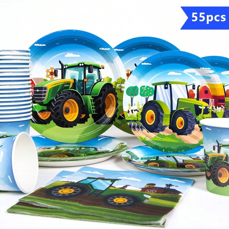 Green Farm Harvester 10-Piece Disposable Plate, Napkin And Cup Set, Includes Plates, Napkins And Cups, Suitable For 10 Guests, Disposable Paper Plates Party Supplies For Birthday, Wedding, Party, Family Picnic - Multicolor - View 1