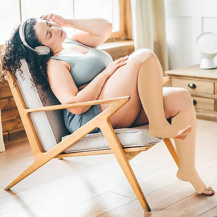 Plus Size Open Toe Copper Wellow Compression Socks Women Men Toeless Footless Wide Calf Knee High Support For Travel/Sports Christmas Gift Unisex - Apricot - View 5