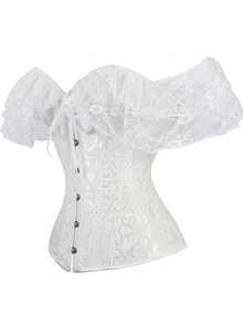 Solid Color Tie-Up Boat Neck Close-Fitting Crop Tops, White/  Short Sleeve Corset, - trắng - Xem 1