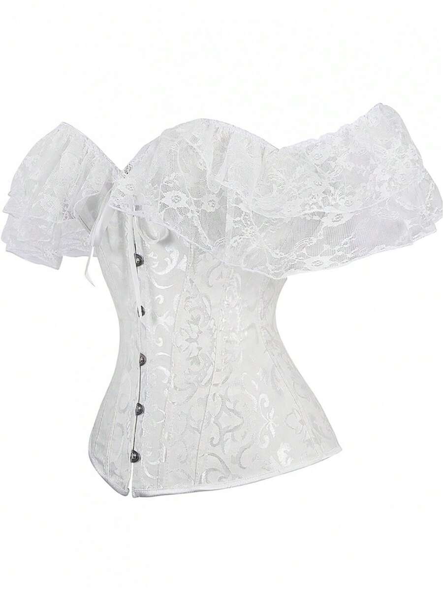 Solid Color Tie-Up Boat Neck Close-Fitting Crop Tops, White/  Short Sleeve Corset, - trắng - Xem 1