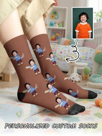 1 Pair Of Customized Face Children's Mid Tube Socks, Put Any Face On Socks,Boy And Girl, Personalized Socks For With Photos, Interesting Customized Picture Pairs With Medium To Long Socks, Suitable For Valentine's Day, Birthdays, Gift Giving