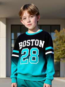 2 件套青少年男童渐变色运动衫和慢跑裤套装，字母印花渐变色套头衫和锥形裤，春秋季时尚 - 藍色 - 查看 5