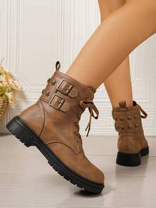 Botas femininas plus size, lançamento outono/inverno 2025, sola grossa, estilo britânico, com cadarço. - Castanho - Ver 4