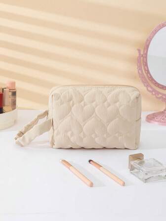 1pc Large Capacity Heart-Shaped Makeup Bag, Soft Fabric With Zipper, Suitable For Makeup Brushes, Eyeshadow Palette, Charging Cables, Power Bank, Travel & Home Use, Unisex