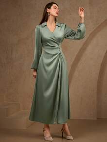 Ladies New Elegant Lantern Long Sleeve Pleated Waist Satin Dress - Green - View 4