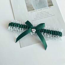 新娘婚礼腿吊袜带 - 心形吊坠蕾丝腿环吊袜带，蓝色蝴蝶结腿饰，适合婚礼派对 - 藏蓝色 - 查看 16