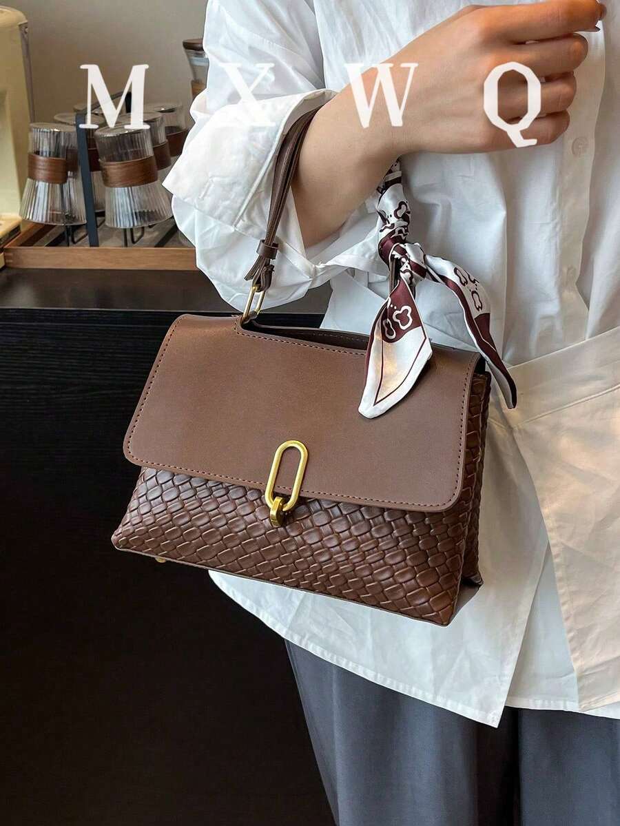 经典时尚女士编织拼色手提单肩包 - 咖啡棕 - 查看 1