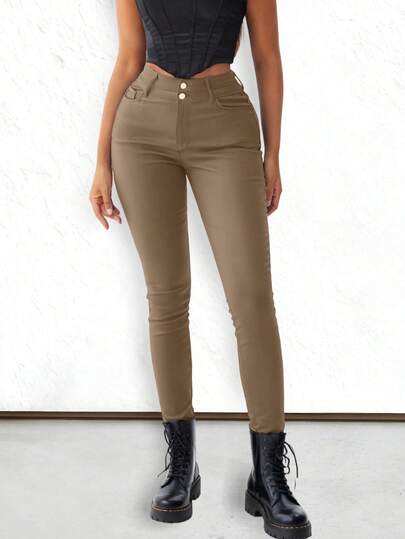 Apperloth A 女士高腰弹力PU皮打底裤性感修身长裤日常休闲舒适圣诞节感恩节派对服装