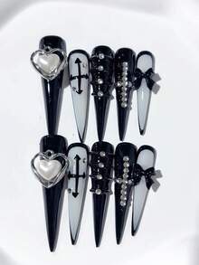 10pcs Y2K Extra Long Stiletto Shape Black & White Handmade Press On Nails, With Cross Pattern, Black Bow, Diamond Cross, White Heart Decoration; Nail Supplies, Acrylic Nails, Homemade Nails, DIY, Nail Art, Acrylic False Nails; Suitable For Vacation, Birthday, Party, Daily Wear; Includes 1pc Jelly Glue & 1pc Mini File - Black - View 1