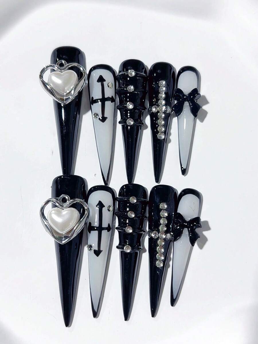 10pcs Y2K Extra Long Stiletto Shape Black & White Handmade Press On Nails, With Cross Pattern, Black Bow, Diamond Cross, White Heart Decoration; Nail Supplies, Acrylic Nails, Homemade Nails, DIY, Nail Art, Acrylic False Nails; Suitable For Vacation, Birthday, Party, Daily Wear; Includes 1pc Jelly Glue & 1pc Mini File - Black - View 1