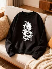 Hombre004 Parte superior de ropa para casa, cómoda y abrigada Sudadera de cuello redondo de moda,top deportivo y jersey informal con envío local desde México Sudadera atractiva con diseño de dragón blanco que resalta, perfecta para combinaciones únicas y estilo atrevido - Negro - Ver 1