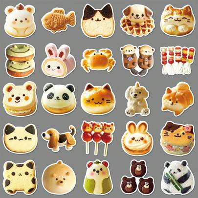 50张动物造型食物贴纸，可用于饼干、面包、可爱食物装饰、剪贴簿、杯子等。