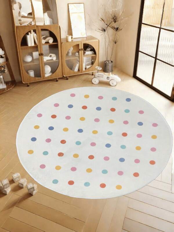 1pc Soft Plush Round Cushion Mat With Gentle Polka Dot Design - Easy To Clean, Suitable For Bedroom And Living Room Decor, Adding Cozy Charm, Washable Indoor Mat | Play Rug | Area Rug, Home Decor Carpet, Holiday Decoration Kitchen Rug
