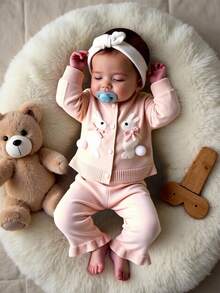 2pcs Baby Girls Cute Rabbit Bow Pattern Pink Long Sleeve Knitted Cardigan And Pink Knitted Pants Set, Comfortable And Warm, Suitable For Daily, Vacation, School, Spring, Autumn, Winter