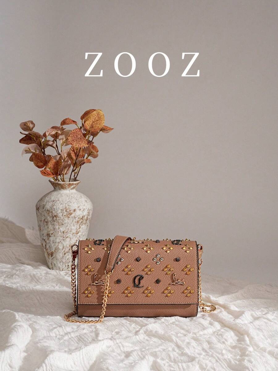 New Solid Color PU Leather Chain Bag, Vintage Rivet Decor Shoulder & Crossbody Bag - Khaki - Khaki - View 1
