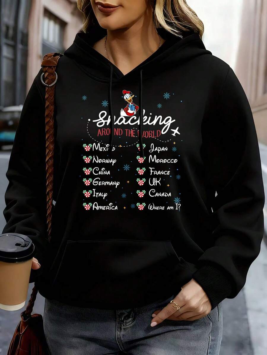 Disney Women Hoodie White Mickey Mouse Christmas Around The World Travel Countries Print Casual Winter Sweatshirt For Holiday Season - 黑色 - 查看 1