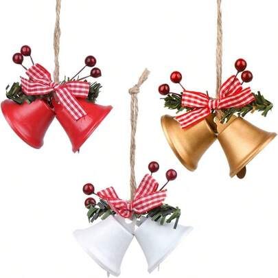 Christmas Bells, 2-Inch Metal Decorative Bells, Christmas Tree Ornaments, Christmas Holiday Decorations, Floral Ornaments, Home Hanging Decorations, Wind Chimes, Red, White And Gold 3-Piece Set