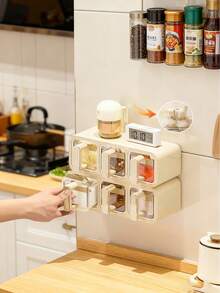 1 szt. Szaro-mleczno-biały pojemnik na przyprawy, stojak na przyprawy, szuflada na przyprawy, samoprzylepny pojemnik na przyprawy do montażu na ścianie, modny wygląd, odpowiedni do szafki, kuchni, przechowywania cukru, soli, pieprzu i innych przypraw, nie wymaga wiercenia, nadaje się do blatów kuchennych i przechowywania żywności - Wielokolorowe - Zobacz 6