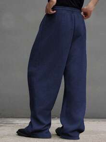 1pc Teen Boys Casual Loose Comfortable Outdoor Sports Solid Color Fleece Knit Straight Leg Wide Leg Polyester Pants, Spring/Autumn/Winter - Navy Blue - View 6