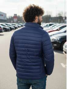 Men's Casual Cotton-Padded Jacket, Thick Autumn/Winter Jacket, Horizontal Embossed Texture, Basic And Versatile Style - Royal Blue - View 3