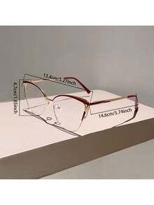 1 Pair Of Women's New Cat Eye Shaped Flat Glasses Fashionable Light Luxury Metal Frame  Retro Pink Glasses - 紅金色 - 查看 3