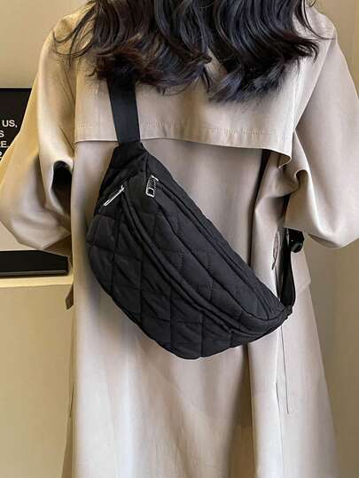 女士纯色绗缝轻便柔软休闲腰包，多口袋收纳斜挎包，适合户外运动