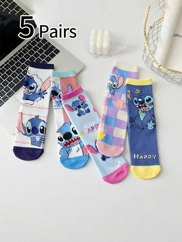 5 pares de meias infantis, estilo japonês unissex para primavera, outono e inverno, meias coloridas, meias cano alto com estampa de desenho animado da Universidade Monstros, meias longas escolares, meias casuais, meias esportivas, adequadas para uso diário e atividades ao ar livre.