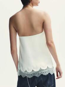 Women Satin Lace Trim Strapless Tube Tops Flowy Silk Backless Sleeveless High Low Tank Tops Boho Layering Bustier Top - trắng - Xem 4