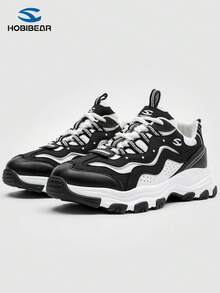 HOBIBEAR Patchwork Design Casual Sports Shoes, Lace-Up Comfortable Versatile Women's Sneakers - Black and White - View 4