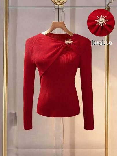 Women's Elegant Sweater With Asymmetrical Neckline Fitted Knit Sweater For All Seasons: Spring, Summer, Fall, And Winter