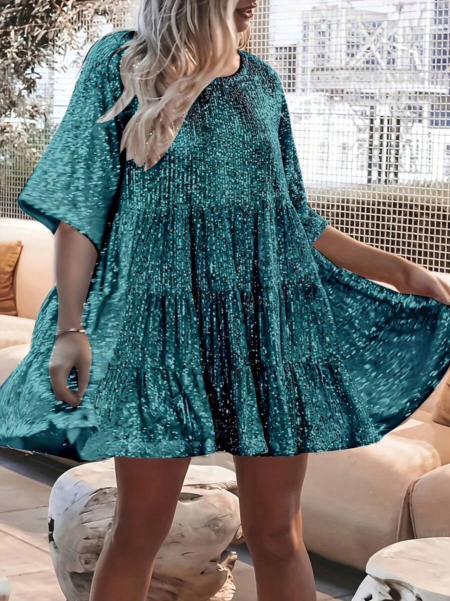 女士亮片装饰圆领七分袖宽松娃娃裙，优雅夏季款 - 綠色 - 查看 1