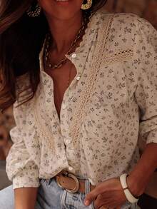 ii Áo sơ mi nữ cỡ lớn in hoa, cài cúc trước, phối ren, kiểu dáng thanh lịch, thích hợp cho kỳ nghỉ xuân. - Màu be - Xem 5