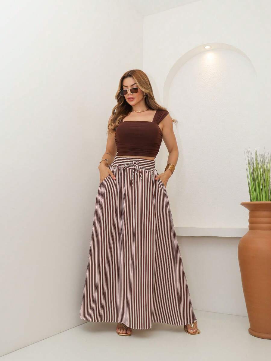 AMY FASHION STRIPED LENGTH SKIRT WITH SLIT AND BAG, THICK WAIST, 2025 FASHION - Coffee Brown - View 1