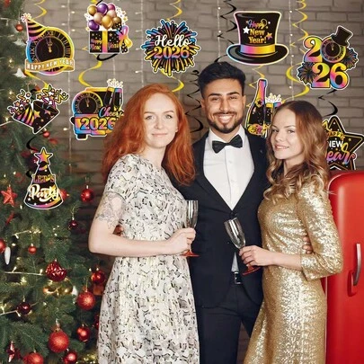 10件套2026新年派对漩涡装饰，全息镂空悬挂饰品，完美适用于新年派对、家居天花板装饰、节日庆典。10件套新年派对漩涡镂空装饰，2026主题悬挂饰品，带有“Hello 2026”字样和派对元素，是新年派对和家居装饰的理想之选。