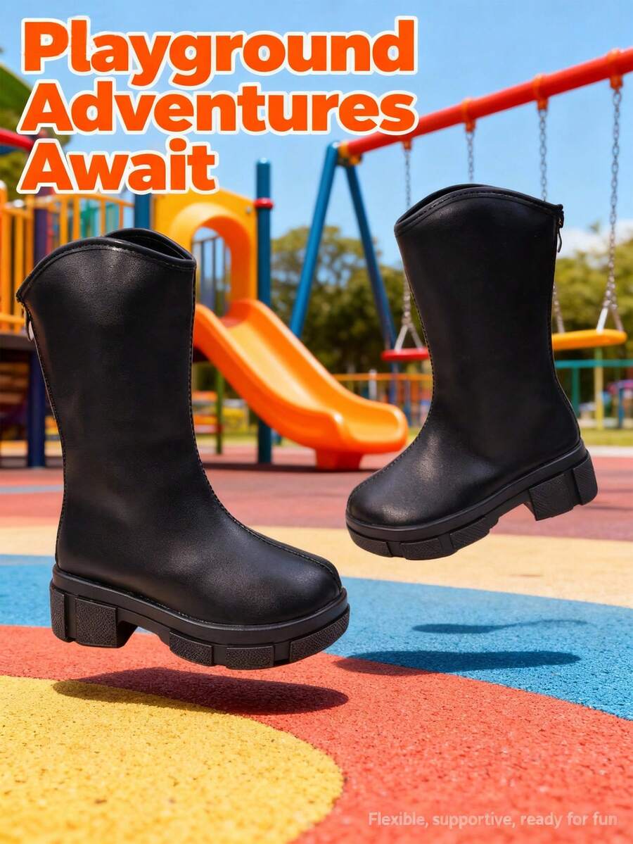 1 Paar Mädchen Mode Overknee Stiefel, Kinder Leder Absatz Plateau Stiefel mit Reißverschluss hinten, geeignet für Schule, Party, Urlaub, Lässig Tragen - Schwarz - Übersicht 1