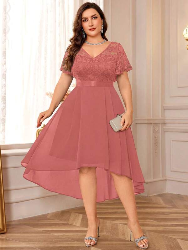 Plus Elegant V Neck Butterfly Sleeve Floral Lace Contrast Chiffon High Low Hem Formal Prom Evening Party Swing Dress, Homecoming Dress, Wedding Guest Dress, For Birthday, Graduation, Dinner