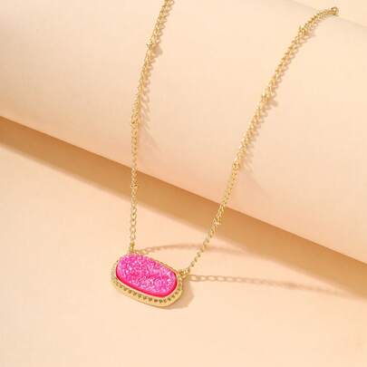 1pc Oval Design Pendant Necklace, Copper, Fashionable Everyday Wear For Women