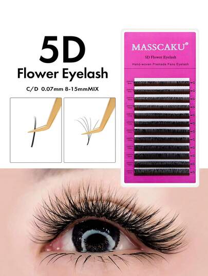 12 صف من إطالة الرموش، رموش 5D بشكل أزهار، رموش 5D مسبقة الصنع بطراز الأزهار، رموش حجم كثيف بلمعة خفيفة للاستخدام في صالونات الأسلوب الياباني والخيالي (0.07 C D Curl 8-15mm مختلط)