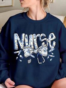 2026 Long Sleeve Tops Women Ladies Round Neck Nurse Bow Sweatshirt Printed Sweatshirt, Long Sleeve Soft Fashion Casual Pullover, Machine Washable, Medium Elasticity, Comfortable Loose Fit Sweater Loose And Comfortable Winter Clothes For Women Plus Size Women Clothes - 藏青色 - 查看 12