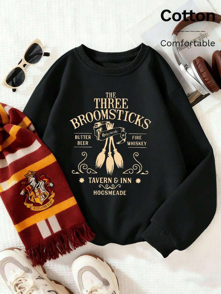 Men's and Women's Round Neck Long Sleeve Drop Shoulder Oversized Cotton-Blend Autumn/Winter Sweatshirt Top White Sweatshirt Warner Bros.  Collaboration Series Cartoon Archway Print Playful Style, Cute Style Cotton-Blendable, fors Comfortable, Searmable, Commerable, Relaable, Relaable, Relaable, Relaable, Relaable, Relaable, Granable, Relaableer）” etc." - 黑色1 - 查看 1