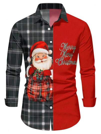 Men's Christmas Patchwork Contrast Color Long Sleeve Shirt, Black Striped Plaid Santa Claus "Merry Christmas" Print Lapel Button Down Casual Shirt For Christmas Party