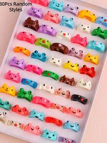 10/20/30pcs Cute Cartoon Animal Resin Rings, Frog, Kitten, Chick, Striped Pattern, Everyday Wear, Holiday Gift Accessories - Animal Resin Ring Full Mix - View 11