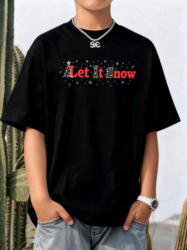 Camiseta negra con estampado navide?o para ni?o, suave al tacto, cuello redondo, corte holgado, cómoda, estilo minimalista, adorable. - Negro - Añade 1