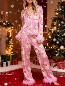 Women Y2k Silk Satin Christmas Pajamas Sets Xmas Tree/Santa Claus Print Plush Trim Long Sleeve Sleepwear Holiday Print Two Piece Pjs Pants PJs Set Loungewear - 粉色 - 查看 1
