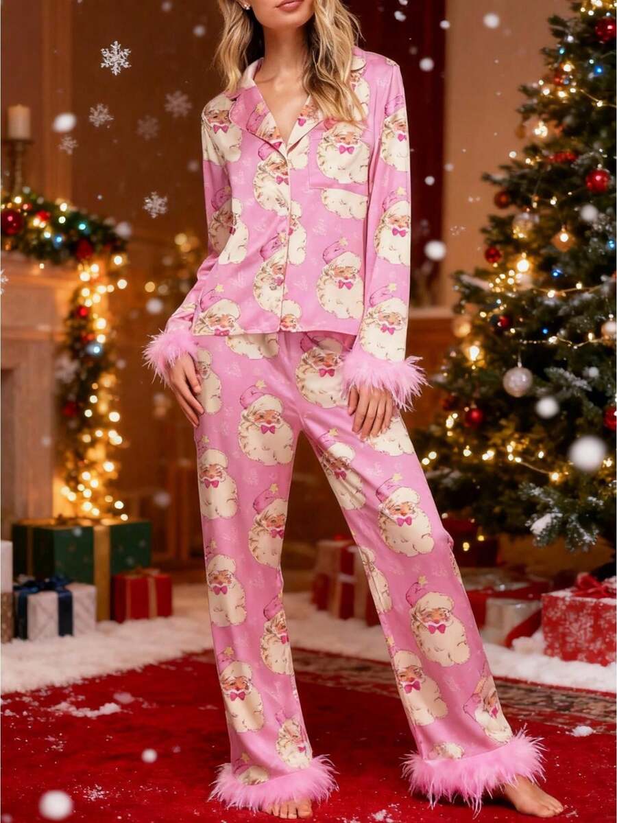 Women Y2k Silk Satin Christmas Pajamas Sets Xmas Tree/Santa Claus Print Plush Trim Long Sleeve Sleepwear Holiday Print Two Piece Pjs Pants PJs Set Loungewear - 粉色 - 查看 1
