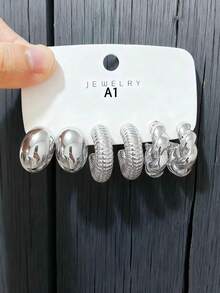 Set de 6-18 piezas de aretes de tono plateado surtidos, diseño único vintage, textura metálica, versátil y de nicho, accesorio de moda imprescindible - Plateado - Ver 2