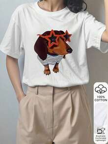 Camiseta de manga corta 100% algodón con estampado de Dachshund para mujer, verano, Año Nuevo Chino, Año Nuevo Lunar, Año del Caballo, Festival de Primavera, Feliz Año Nuevo, Día de San Valentín, regalo del Día de San Valentín, casual blanco - Blanco - Ver 4