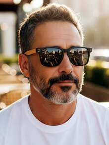 Men's And Women's Square/Round Sunglasses With Spring-Loaded Temples, Imitation Bamboo, UV400 Lenses - 3876/LENTE POLARIZADO PRETO - 查看 2