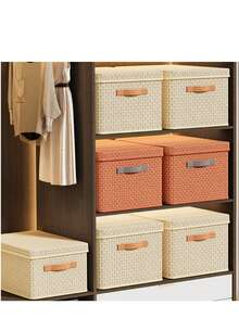 Caja de almacenaje en forma de V con tapa, plegable y de cartón duro reforzado, ideal para ropa y edredones, perfecta para el hogar. Dos colores, dos tamaños. - Beis - Ver 2