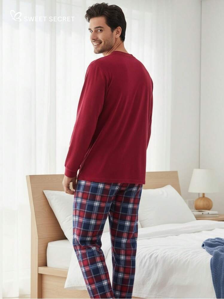 Men's 2-Piece Set, Figures, Button, Soft, Long Sleeve, Autumn And Winter Clothing - 紅色 - 查看 3